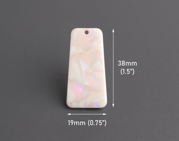 2 Iridescent White Trapezoid Charms, 1 Hole, AB Effect, Flared Rectangle Shape, Cellulose Acetate, 38 x 19mm