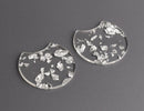 2 Clear Acrylic Charms with Silver Foil Flakes, Transparent Plastic, Flat Round Shape with Scoop, 37 x 33.5mm