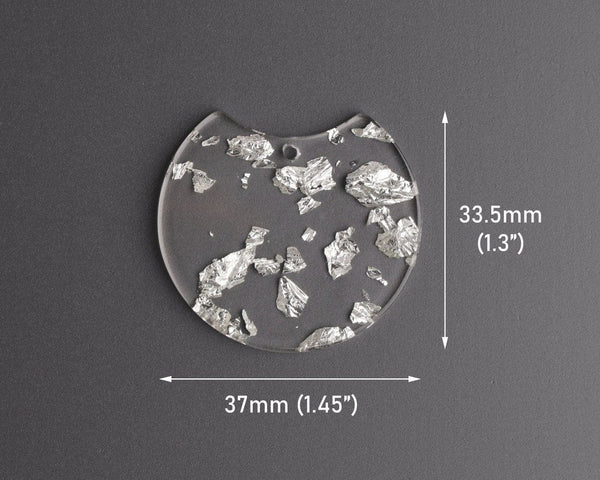 2 Clear Acrylic Charms with Silver Foil Flakes, Transparent Plastic, Flat Round Shape with Scoop, 37 x 33.5mm