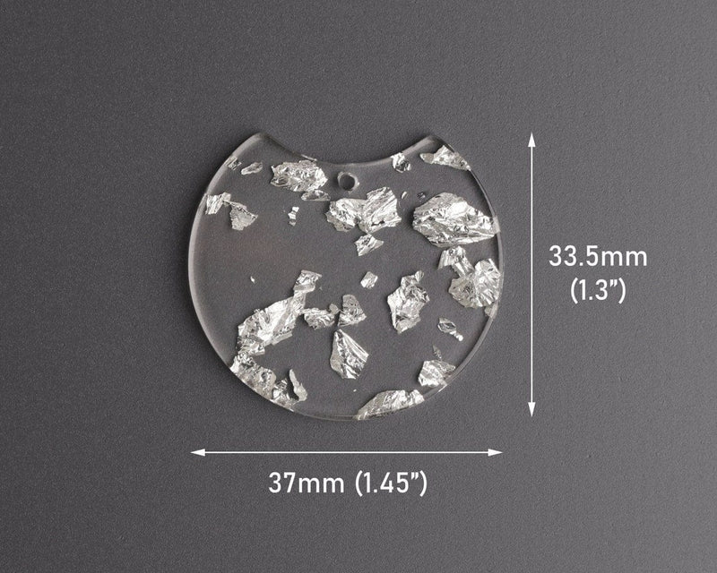 2 Clear Acrylic Charms with Silver Foil Flakes, Transparent Plastic, Flat Round Shape with Scoop, 37 x 33.5mm