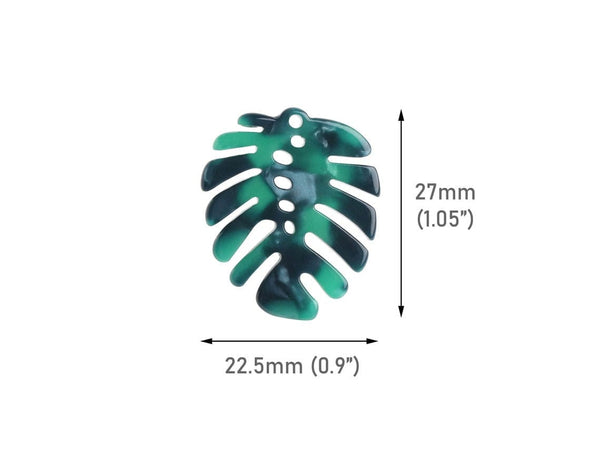 2 Green Palm Leaf Charms, 1 Hole, Dark Green Marble, Acetate Plastic, 27 x 22.5mm