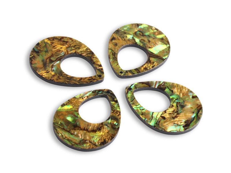4 Large Teardrop Pendants in Green Abalone, 1 Hole, Mother of Pearl Colored, Patterned Acrylic, 38 x 30mm