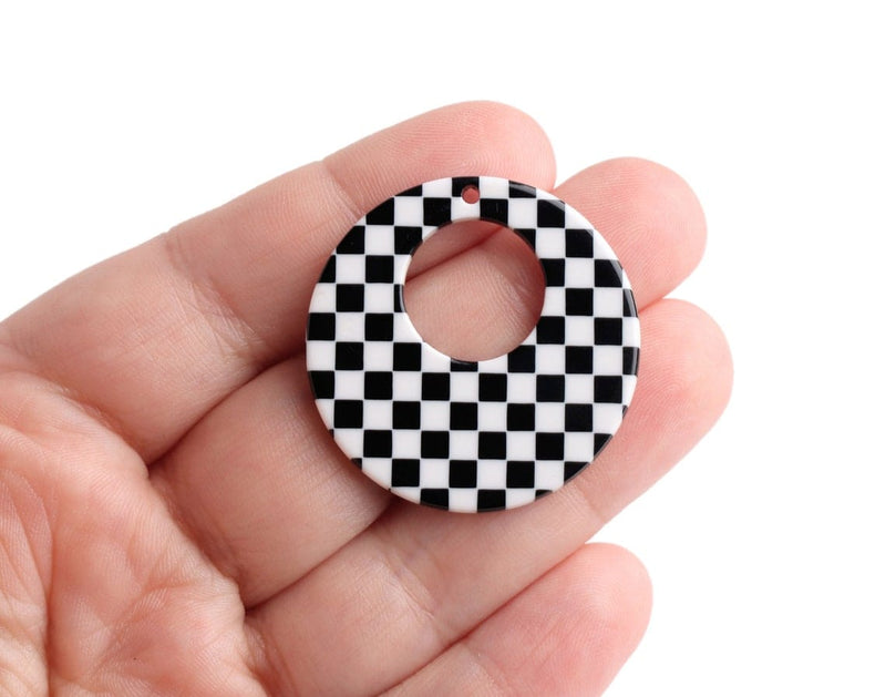2 Checkered Ring Charms with Cut Out, 1 Hole, Little Black and White Squares, Cellulose Acetate, 35mm