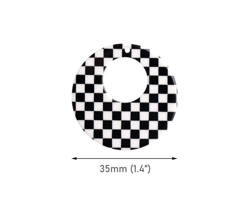 2 Checkered Ring Charms with Cut Out, 1 Hole, Little Black and White Squares, Cellulose Acetate, 35mm