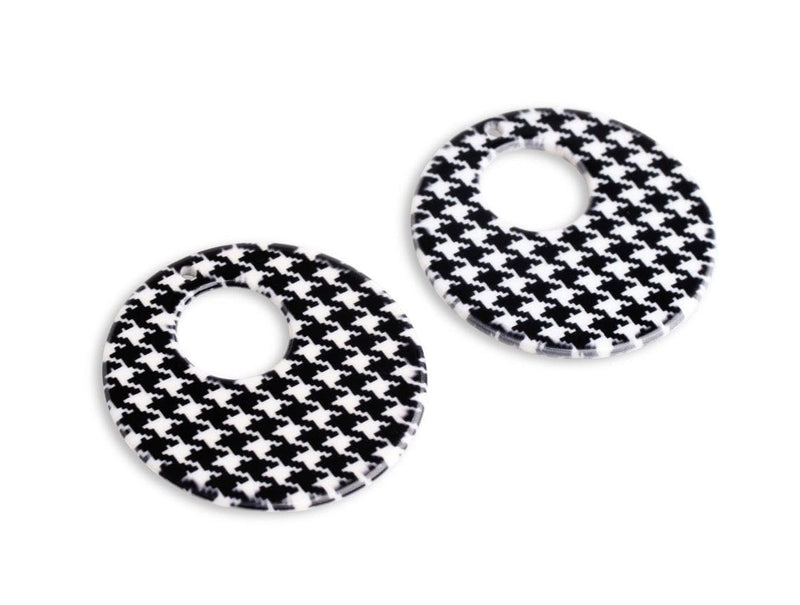2 Houndstooth Ring Pendants, Thin Flat Discs, Black and White Pixelated Pattern, Printed Acrylic, 35mm