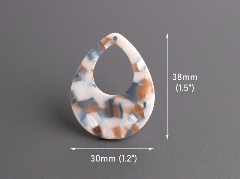 4 Large Teardrop Charms in Pearl White, Blue and Orange, Acetate Plastic, 38 x 30mm