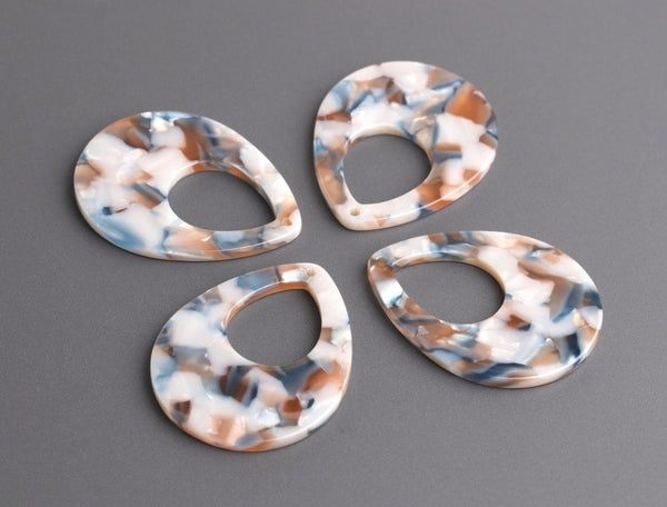 4 Large Teardrop Charms in Pearl White, Blue and Orange, Acetate Plastic, 38 x 30mm