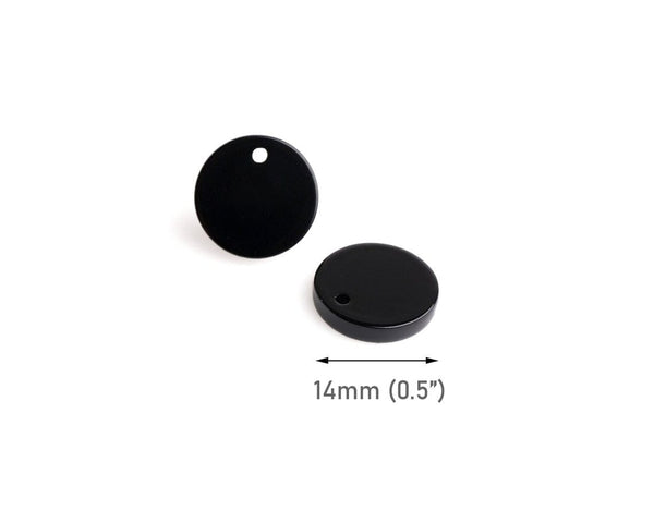 4 Black Acrylic Charms with 1 Hole, Flat Round Circle Tags, Smooth Discs, Acrylic, 14mm