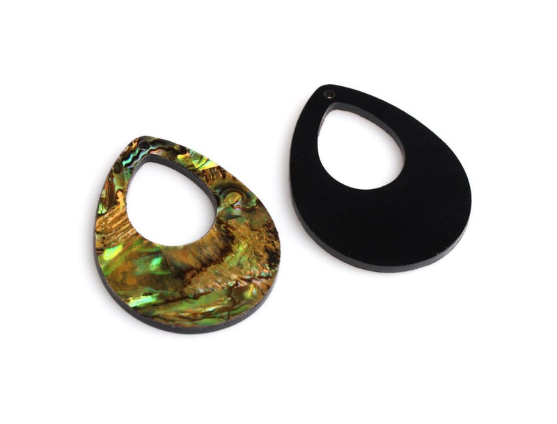 4 Large Teardrop Pendants in Green Abalone, 1 Hole, Mother of Pearl Colored, Patterned Acrylic, 38 x 30mm