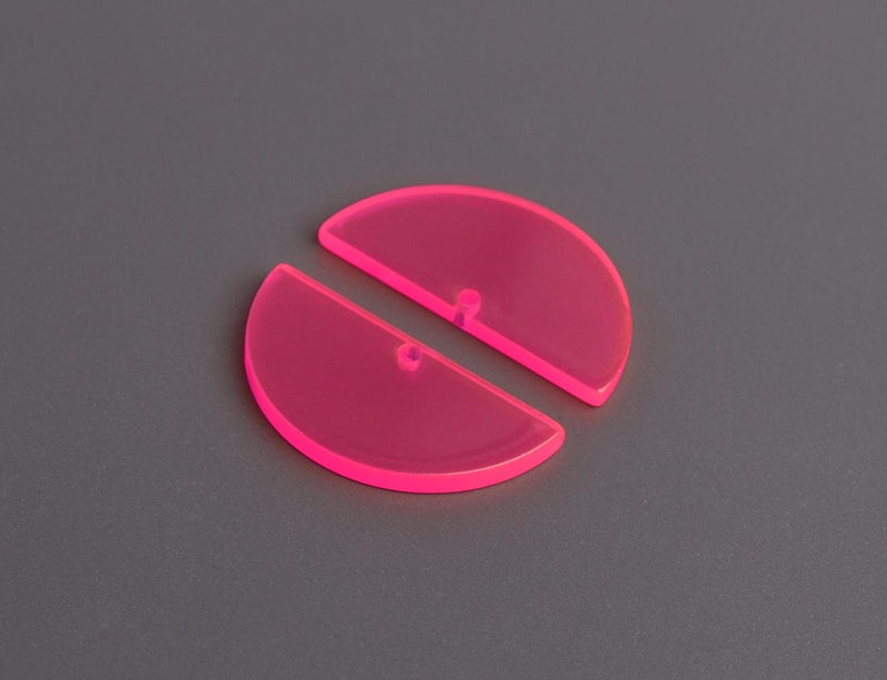 2 Neon Pink Half Circle Charms, Transparent, Chunky Earring Pieces, Acrylic, 30 x 15mm