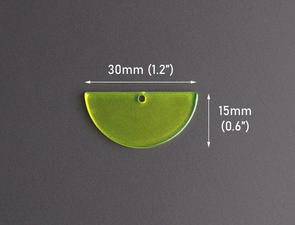 2 Neon Yellow Half Circle Charms, Transparent, Flat Half Round Discs, Acrylic, 30 x 15mm