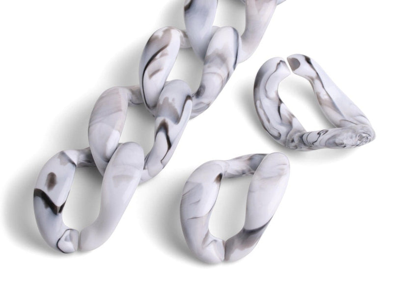 1ft Carrara Marble Acrylic Links, 64mm, White Grey Marble, Big Raised Curb Chain