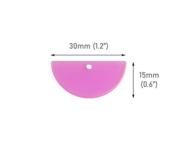 2 Fluorescent Purple Half Circle Charms, Transparent, Half Round Discs, Acrylic, 30 x 15mm