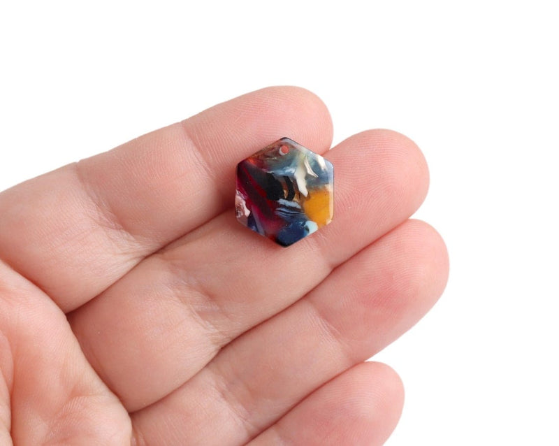 4 Small Hexagon Charm Beads in Multicolor, Rainbow Geometric Shapes, Cellulose Acetate, 17.25 x 15.5mm