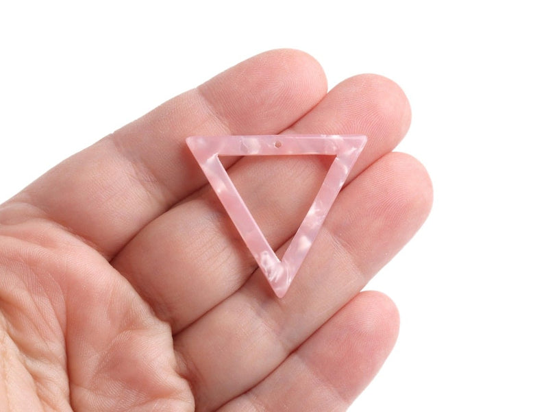 2 Triangle Pendants in Blush Pink Marble, Light Pink Pearl Charms, Cellulose Acetate, 34.5 x 30mm