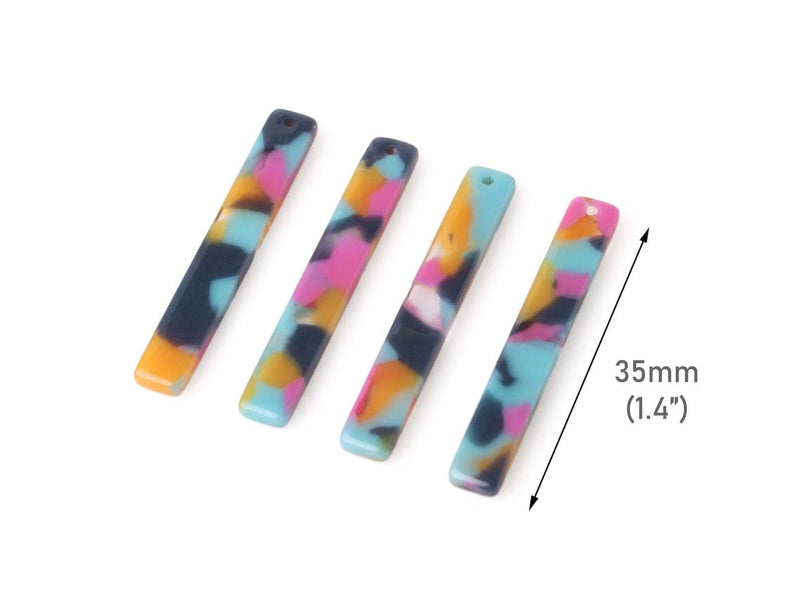 4 Thin Stick Charms in Light Blue, Pink and Yellow, Flat Rectangle, Multicolored, Acetate Plastic, 35 x 5.25mm