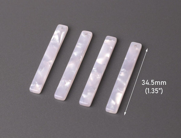 4 White Pearl Stick Charms, 1 Hole, Acetate Plastic, Vertical Bar Charms, Flat Rectangle, 34.5 x 4.5mm