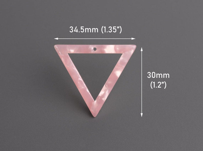 2 Triangle Pendants in Blush Pink Marble, Light Pink Pearl Charms, Cellulose Acetate, 34.5 x 30mm