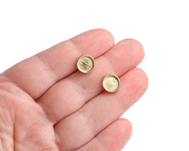 4 Gold Plated Bezel Stud Earring Settings, Deep Base Tray with Round Cup, Metal Brass, Fits 8mm Cabs