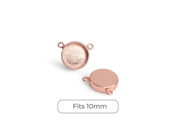 4 Round Bezel Cup Links in Rose Gold, Bezel Setting Connector, Necklace Pendant Tray with 2 Holes, Fits 10mm