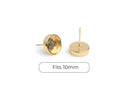 4 Gold Plated Bezel Stud Earring Settings, Deep Base Tray with Round Cup, Tiny Ear Stud with Post, Fits 10mm