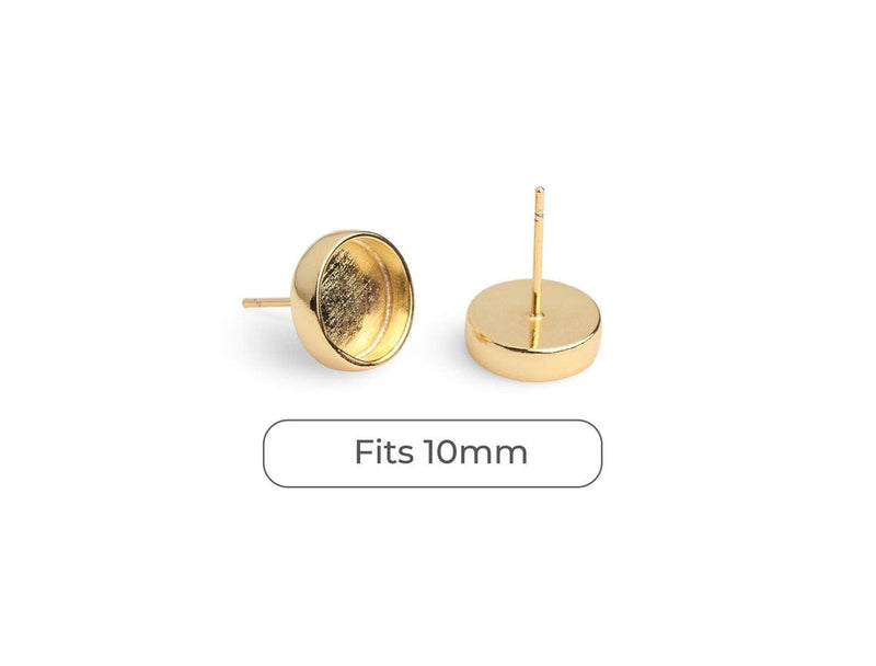 4 Gold Plated Bezel Stud Earring Settings, Deep Base Tray with Round Cup, Tiny Ear Stud with Post, Fits 10mm