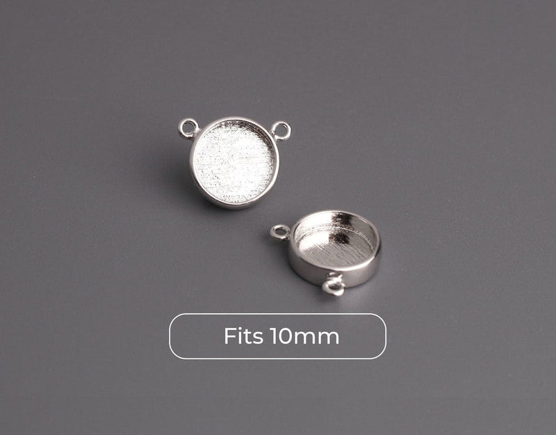 4 Round Bezel Cup Links in Silver Plated, 2 Loop Holes, Deep Base Tray for Glue In Flatbacks, Small Connectors, Fits 10mm Cabs