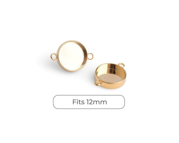 4 Round Bezel Connectors in Gold Plated, 2 Loop Holes, Deep Settings, Base Tray Links, Metal Brass, Fits 10mm