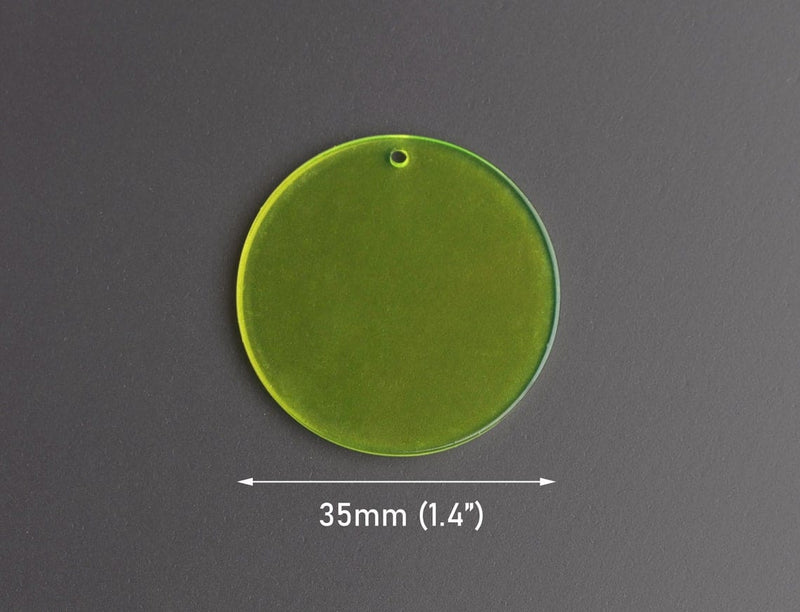 4 Neon Yellow Round Circle Charms, 1 Hole, Transparent, Flat Disc Pendants, Acrylic, 35mm
