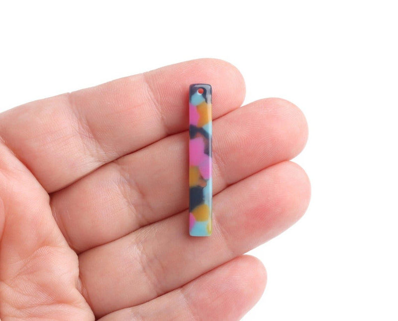 4 Thin Stick Charms in Light Blue, Pink and Yellow, Flat Rectangle, Multicolored, Acetate Plastic, 35 x 5.25mm