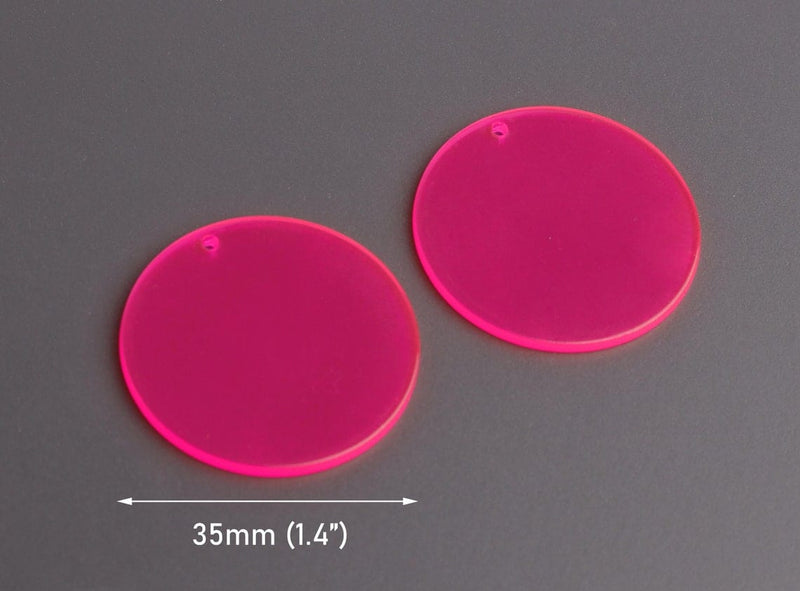4 Neon Pink Round Circle Charms, 1 Hole, Transparent and Fluorescent Beads, Acrylic, 35mm