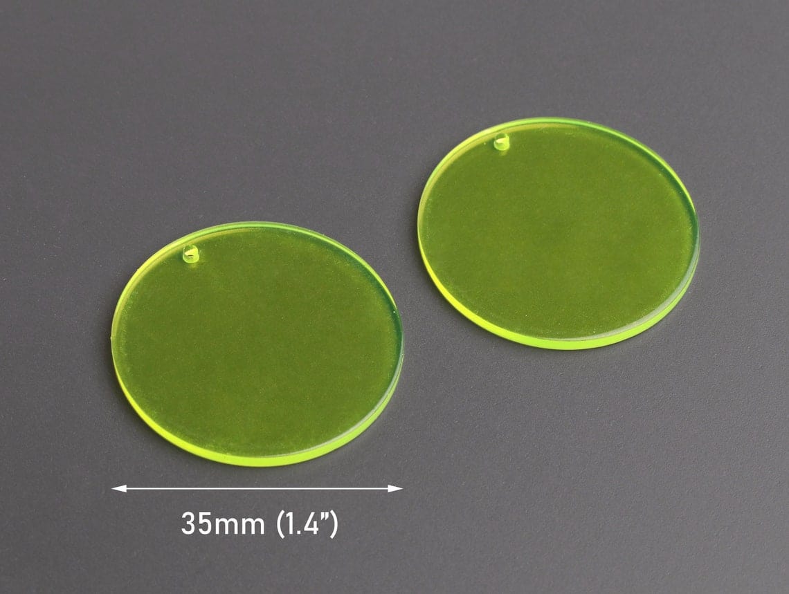 4 Neon Yellow Round Circle Charms, 1 Hole, Transparent, Flat Disc Pend