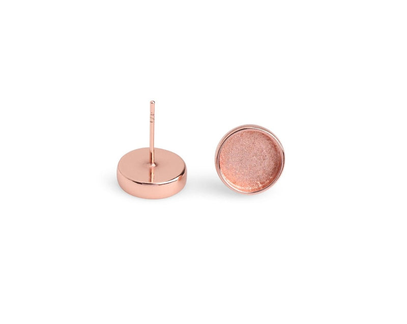 4 Round Bezel Stud Earring Settings in Rose Gold, Metal Brass, Deep Base Tray with Cup and Post, Fits 10mm Cabochons