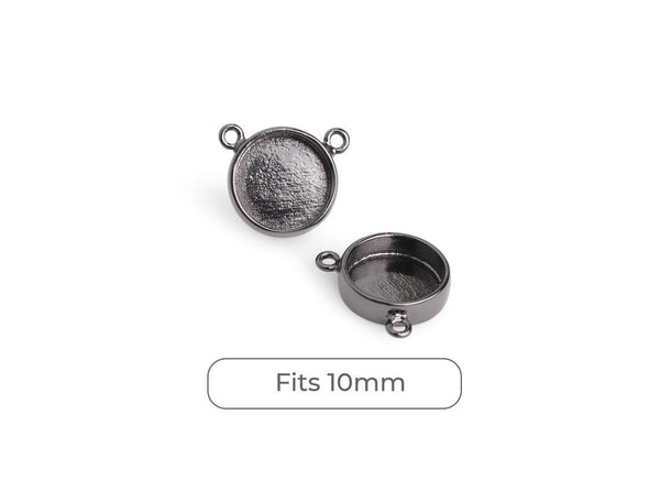 4 Round Bezel Cup Links in Black Gunmetal, Bezel Setting Connector, Necklace Pendant Tray with 2 Holes, Fits 10mm