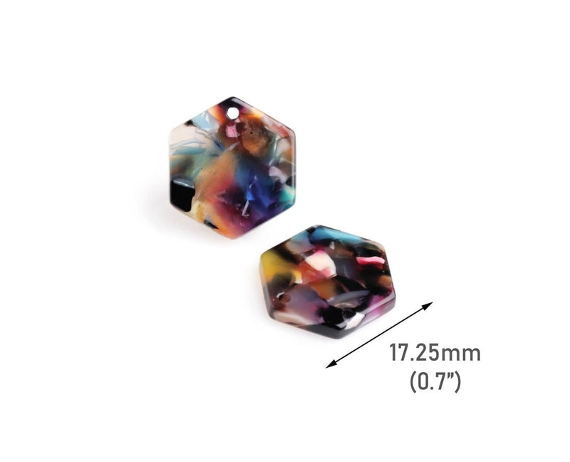 4 Small Hexagon Charm Beads in Multicolor, Rainbow Geometric Shapes, Cellulose Acetate, 17.25 x 15.5mm