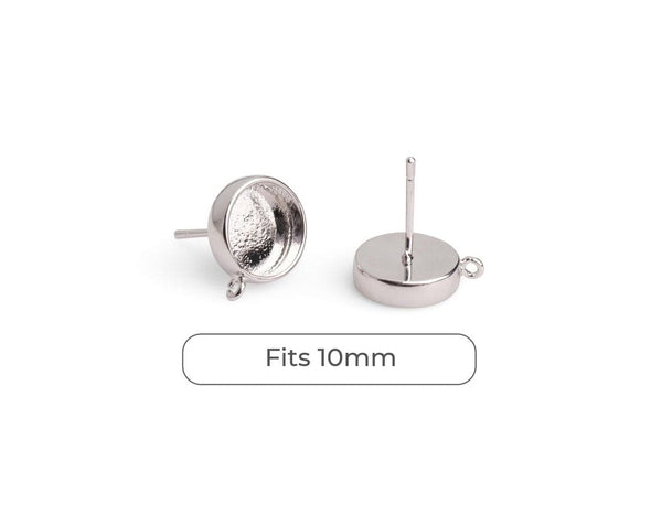 4 Silver Plated Bezel Stud Earring Settings wiht 1 Loop, Deep Base Tray with Round Cup, Fits 10mm Cabs