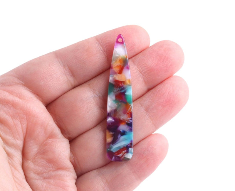 4 Long Teardrop Charms in Multicolored, Colorful, Flat Paddle Shape, Cellulose Acetate, 54 x 11.5mm