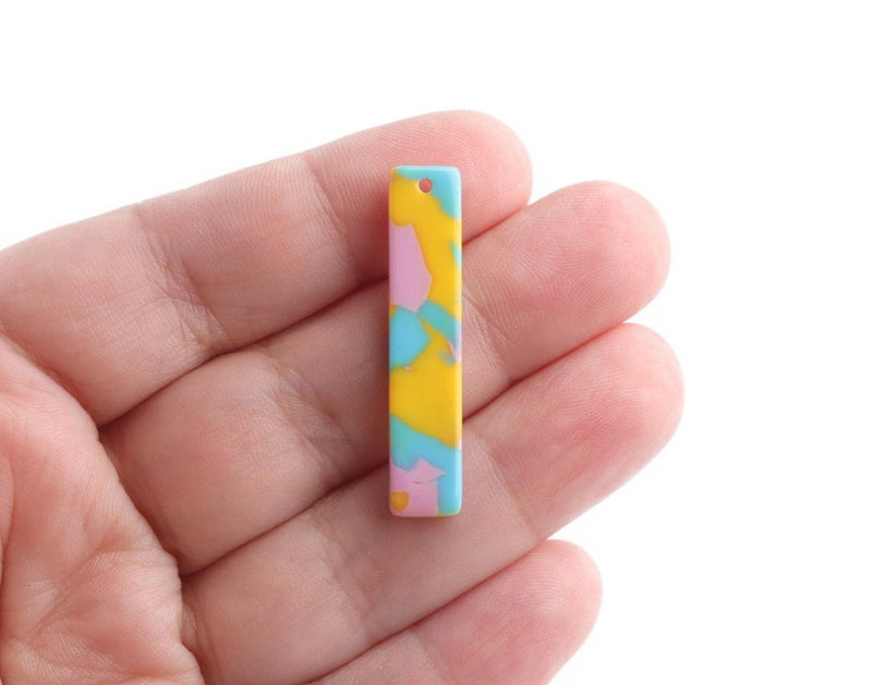 4 Vertical Bar Charms in Unicorn with Blue, Pink and Yellow, Flat Rectangle, Acetate Plastic Beads, 36 x 7.5mm