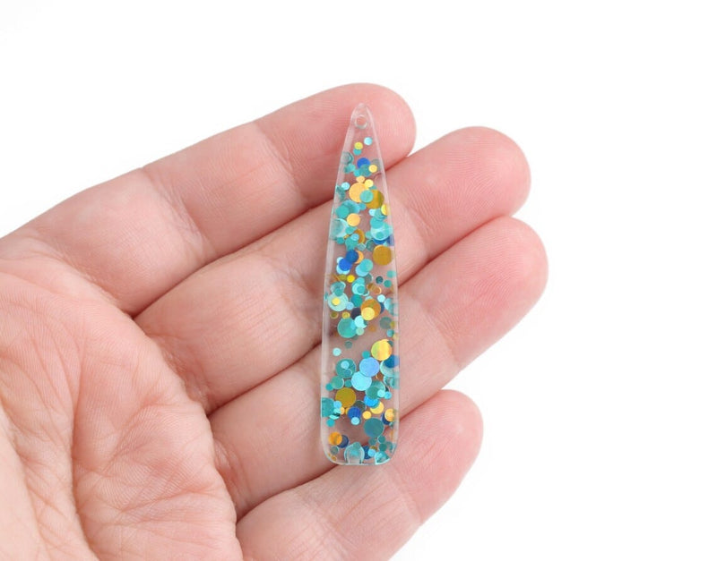 4 Long Teardrop Charms in Pool Party, Clear with Mint Green, Teal, Blue and Gold Confetti Dots, Acrylic Plastic, 54.5 x 11.5mm