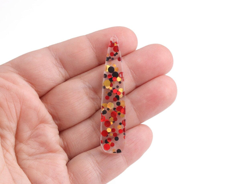 4 Long Teardrop Charms in Red Carpet Gala, Clear with Red, Black and Gold, Colorful Metallic Confetti, Acrylic Plastic, 54.5 x 11.5mm