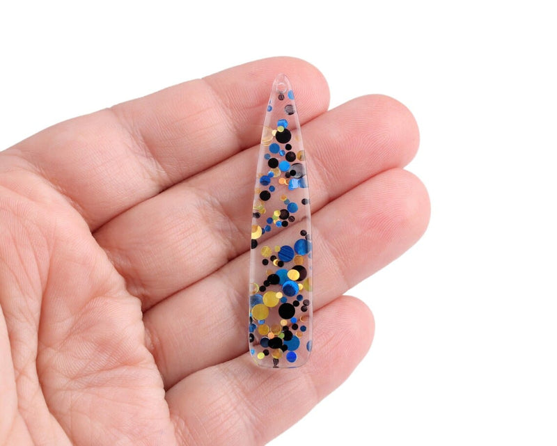 4 Long Teardrop Charms in Candlelight Gala, Clear with Dark Blue, Gold and Black Confetti, Transparent Acrylic Plastic, 54.5 x 11.5mm