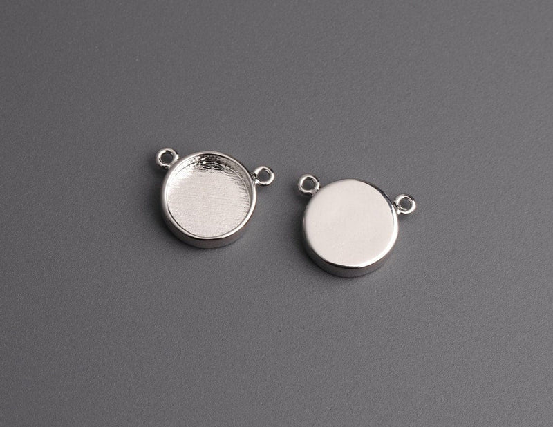 4 Round Bezel Cup Links in Silver Plated, 2 Loop Holes, Deep Base Tray for Glue In Flatbacks, Small Connectors, Fits 10mm Cabs