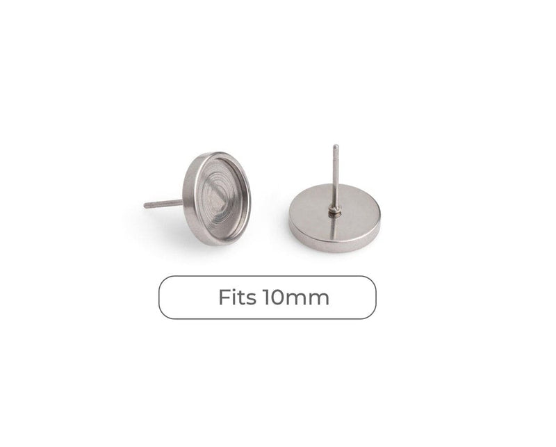 4 Stainless Steel Bezel Stud Earring Settings, Shallow, Round Base Tray, Ear Stud Posts, Fits 10mm