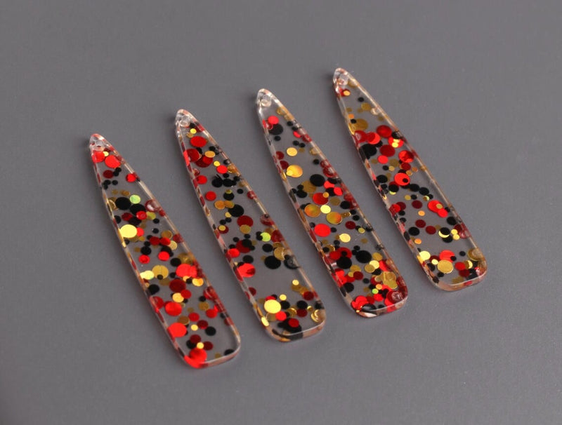 4 Long Teardrop Charms in Red Carpet Gala, Clear with Red, Black and Gold, Colorful Metallic Confetti, Acrylic Plastic, 54.5 x 11.5mm