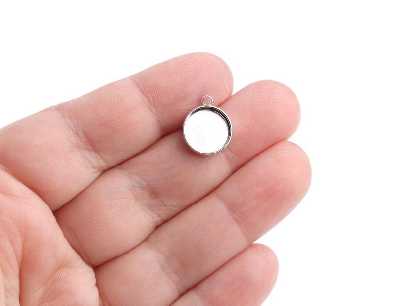 4 Silver Plated Round Bezel Cup Charms, 1 Loop Hole, Deep Setting Base Tray, Smooth Metal Brass, Fits 10mm