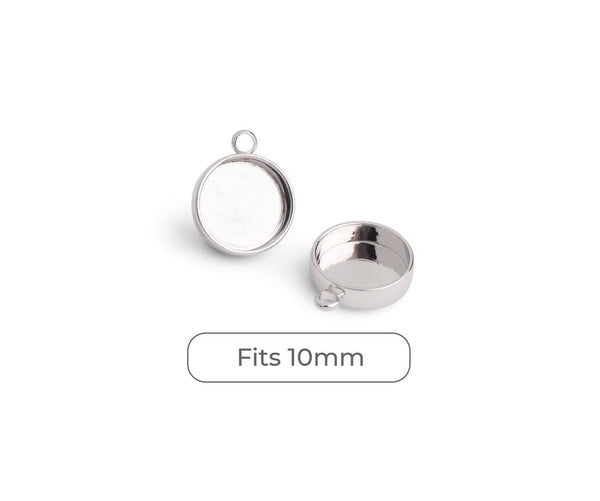 4 Silver Plated Round Bezel Cup Charms, 1 Loop Hole, Deep Setting Base Tray, Smooth Metal Brass, Fits 10mm