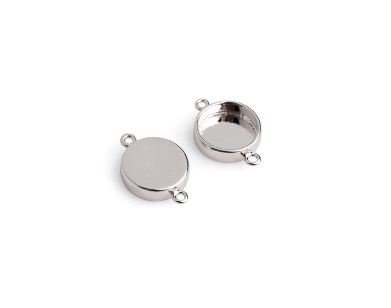 4 Round Bezel Cup Links in Silver Plated, 2 Loop Holes, Small and Deep Base Tray Settings, Metal Brass, Fits 10mm