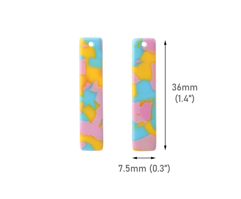 4 Vertical Bar Charms in Unicorn with Blue, Pink and Yellow, Flat Rectangle, Acetate Plastic Beads, 36 x 7.5mm