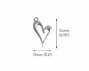 4 Silver Heart Outline Charms with Loop, Heart Ring Pendants, Metal Alloy, 24 x 15mm