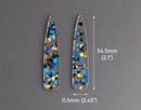 4 Long Teardrop Charms in Candlelight Gala, Clear with Dark Blue, Gold and Black Confetti, Transparent Acrylic Plastic, 54.5 x 11.5mm
